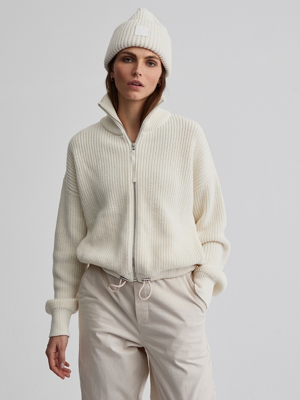 VARLEY Anderson Zip Through Ivory Cream Knit Sweater - Medium